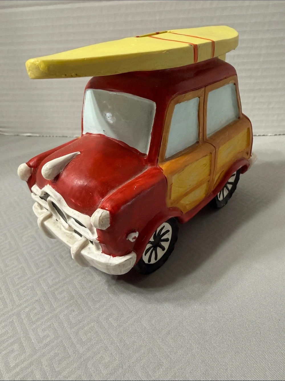 Vintage Ceramic Red Woody Wagon Yellow Surfboard Coin Bank Coastal Beachy Vibe